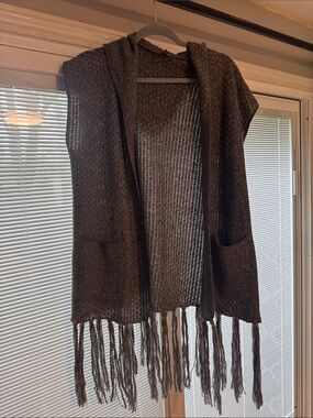 Fringed Hooded Open Knit Vest